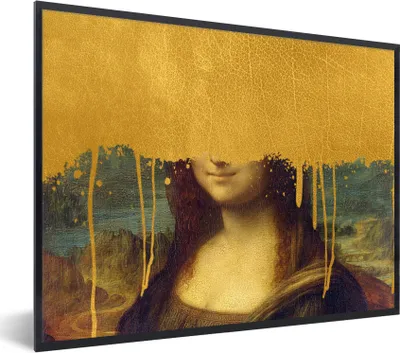 Produktbild von MuchoWow® Gerahmtes Poster Mona Lisa - Gold - Da Vinci 80x60 cm - Poster mit Schwarzem Bilderrahmen Wandposter Rahmen Foto Bilder - Schwarzem - Mit Gestell