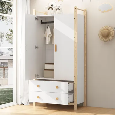 Produktbild von okwish Kleiderschrank mit 2-Türiger Design,Schrank aus Spanplatte,Kleiderschrank mit Kleiderstange,Flurgarderobe mit 2 Schubladen,weiß