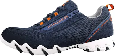 A side view of a blue and orange sneaker.