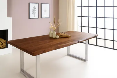 Produktbild von Refurbished Möbelretoure Esstisch Baumkante 300 x 110 cm Akazie Nussbaum U-Gestell silber VALIN