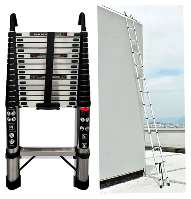 Produktbild von 4,4 m Teleskopleiter ausziehbar mit abnehmbaren Haken, Klappleiter mit 150 kg Tragfähigkeit, 4,4 m Edelstahl Leiter