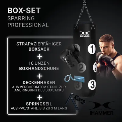 Produktbild von HAMMER Box-Set Sparring Professional, Boxsack 80 cm, Boxhandschuhe, Springseil