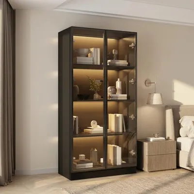 Produktbild von Vitrine mit LED Beleuchtung und Glastüren, 4-Lagen Vitrinenschrank für Wohnzimmer, Schlafzimmer, Büro, Schwarz, MDF+Glas, 80 × 40 × 160 cm