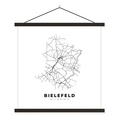 Produktbild von MuchoWow® Textilposter Schwarz und weiß - Deutschland - Karte - Stadtplan - Bielefeld 120x120 cm mit schwarzem Rahmen - Aufhängungsset