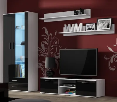 Produktbild von Furniture24 Wohnwand SOHO 10 mit Blauer LED Beleuchtung, Anbauwand, Wohnzimmerschrank, Schrankwand, Vitrine, Lowboard, Hängeregal Weiß/Schwarz Hochglanz