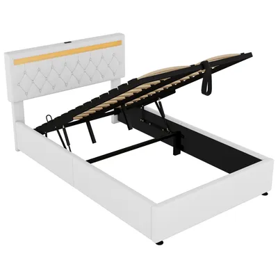 Image de okwish Lit boxspring rembourré 140x200, éclairage d’ambiance LED et ports USB & Type-C, lit coffre hydraulique avec grand rangement (sans matelas) – B