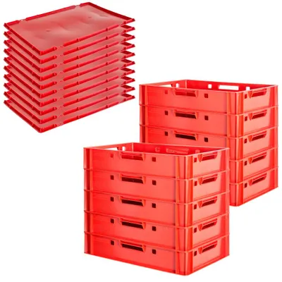 Produktbild von Fleischkiste E1 mit Deckeln Rot Kiste Eurobox Lebensmittelecht 60 x 40 Metzgerkiste Auswahl Stapelbar Kingpower, Anzahl:10