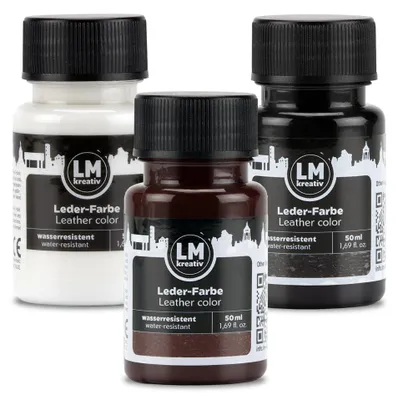 Produktbild von LM-Kreativ Lederfarben-Set 3 x 50 ml, Schwarz + Weiß + Braun – für Glattleder & Kunstleder, deckend & untereinander mischbar