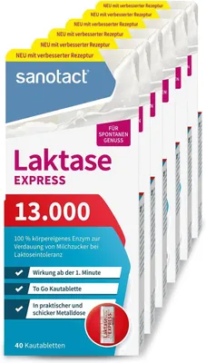 Produktbild von sanotact Laktase 13.000 EXPRESS (6 x 40 Laktasetabletten) - Laktose Tabletten mit Sofortwirkung - Bei Laktoseintoleranz & Milchunverträglichkeit