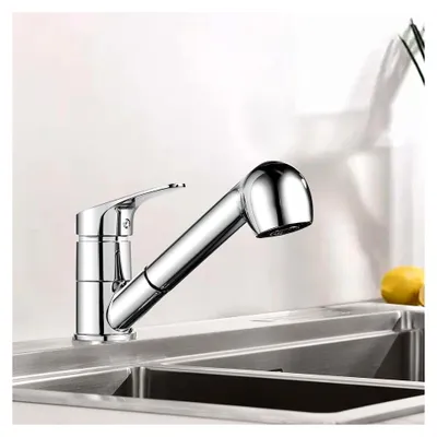 Produktbild von Ausziehbare Küchenarmatur, 360° drehbarer Wasserhahn für die Küche, Spültischarmatur mit Säulen- und Duschwasserauslass in 2 Modi, Einhandmischer für die Küche in Chrom