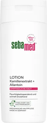 A white bottle of Sebamed lotion with product information printed on it.