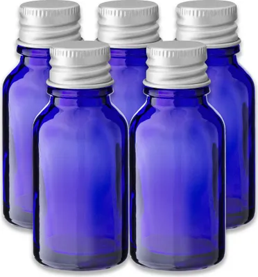 Produktbild von 5x Blaue Glasflasche 15 ml mit silbernem Aluminium Schraubverschluss