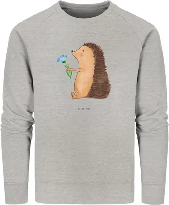 Produktbild von Mr. & Mrs. Panda Baumwoll Pullover Igel Blumen Größe L - Heather Grey - Geschenk, krank, Sweater, Gute Besserung, Krankheit, Sweatshirt, Lustige Sprüche, Pulli, Bio