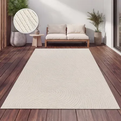 Produktbild von Outdoor Teppich Wetterfest Balkon Wohnzimmer Skandinavisch Boho Einfarbig Creme Grösse 160 cm Rund