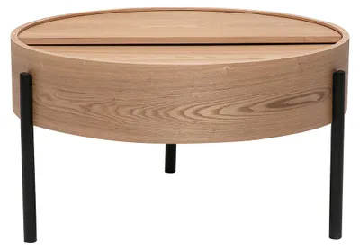 Produktbild von Miliboo - Runder Couchtisch aus hellem Eschenholz und schwarzem Metall mit drehbarer Platte und Stauraum D80 cm YOLINE