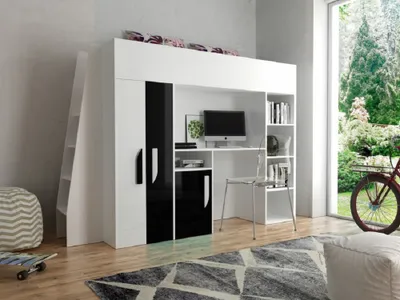 Produktbild von Hochbett Etagenbett mit Schreibtisch Schrank Regal und Treppe 90x200 PARIS 5 hochglanz weiß-schwarz