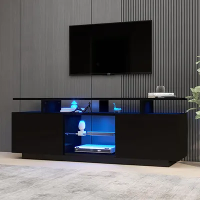 Produktbild von Merax TV-Schrank 140 cm mit LED-Beleuchtung, Hochglanz TV-Board mit Glasfach und 2 Türen, für bis zu 60-Zoll-Fernseher, App-gesteuertes Licht, Schwarz