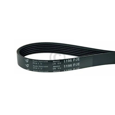 A black serpentine belt with text printed on it, laid out in a curve against a white background.