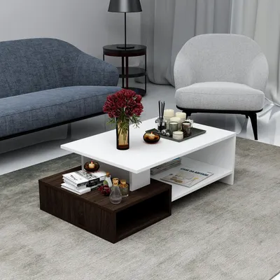 Immagine prodotto di HOMIDEA Dux: Tavolino da caffè, tavolino per il soggiorno, tavolino da divano. Design moderno con ripiano (bianco/noce)