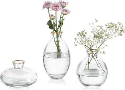 Produktbild von Vintage Handmade Mini Vasen Glas Goldrand Blumenvase Set - 3-teilig