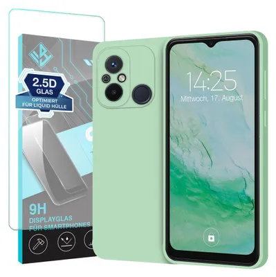 Produktbild von Hülle für Xiaomi Redmi 12C mit 9H Displayglas Displayschutz Case Cover Bumper Smartphone Softgrip Schutzhülle Farbe: Türkis