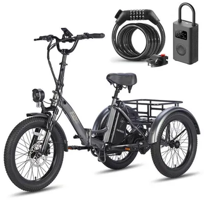 Produktbild von Fafrees F20 Mate Dreirad faltbar Fahrrad Elektrofahrrad 3 Rad Fat Bike 48V LCD 18.2Ah Schwarz+Schwarzer Fahrradkorb+Aufblasbare Pumpe + Fahrradschloss