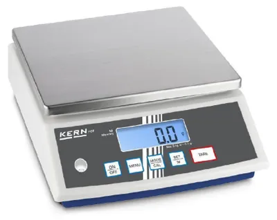 A digital scale on a white and gray surface with blue accents.