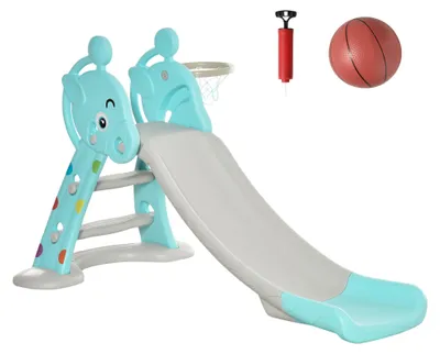 Produktbild von HOMCOM Kinderrutsche faltbar Basketballkorb Spielzeugrutsche HDPE Hellblau+Grau