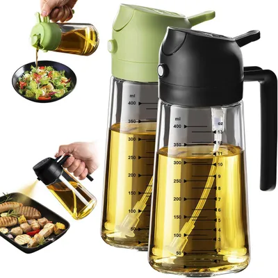 Produktbild von 2er set Ölsprüher mit Skala 500ML, 2-in-1-Mehrzweck, Ölsprüherflasche, Glasölflasche, Speiseölspray, geeignet für Kochen, Grillen, Backen, Heißluftfri