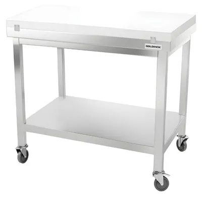 Obrázek produktu pro Pracovní stůl z nerezové oceli, rozměry 1000 x 700 mm, s bílou pracovní deskou a kolečky, PREMIUM - GOLDINOX