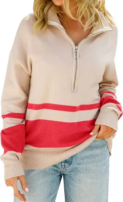 Obrázek produktu pro ASKSA Dámský pletený svetr Colourblock Pullover Zip klopě pletený svetr pletené topy, Rot, M