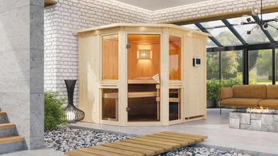 Produktbild von Karibu Sauna Innensauna Amelia 3 Eckeinstieg Ofen 9 kW  externe Strg easy 245x210x202 cm  mit Dachkranz