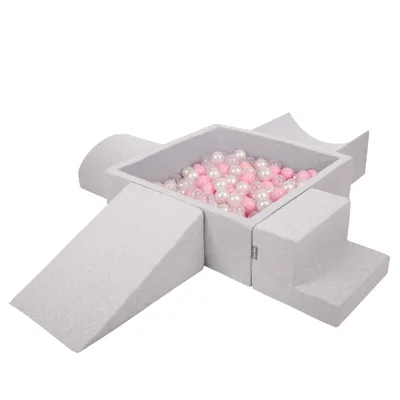 Obrázok produktu pre KiddyMoon Mäkké penové ihrisko pre deti s Štvorec loptičkovým ihriskom (300 ∅ 7 cm) s mäkkými prekážkami a loptičkovým bazénom,  vyrobené v EÚ, Svetlo šedá:Púdrovo ružová/Perla/Transparen