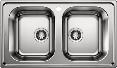 A top-down view of a double stainless steel sink.