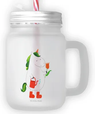 Produktbild von Mr. & Mrs. Panda Glas Einhorn Gärtner - Transparent - Geschenk, Einhörner, Unicorn, Luftballon, Cocktailglas, Für Smoothies, Glasbecher, Gießkanne, mit deckel, Stiefel
