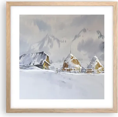 Produktbild von Gerahmtes Poster - Rahmen in heller Eiche - Haus Berge Schnee - 40x40 cm - Wand Bild - Wanddeko - Wandbilder - Kunstposter - Wandposter - Bilderrahmen - Bilder - Kunstdruck - P2NAC40x40-4806