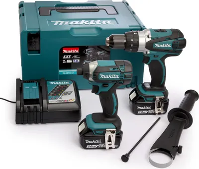 A Makita cordless drill and impact driver kit with accessories and a case, displayed on a white background.