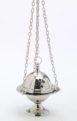 Produktbild von Weihrauchfass mit Kette zum Hängen aus Messing vernickelt Silber Höhe 11 cm mit Innenschale aus Stahl für die Räucherkohle