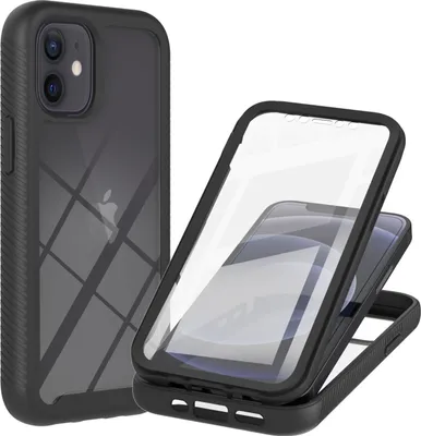 Immagine prodotto di Custodia per iPhone 12 Mini paraurti posteriore in TPU trasparente, antiurto con pellicola protettiva integrata custodia protettiva a 360° nera