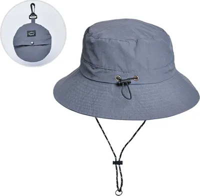 Produktbild von Bucket Hat Faltbarer Wasserdichter Sonnenhut Kordelzug Outdoor Sonne Fischer Strandhut Dschungel Wandern Boonie Hut Fischerhut Schnelltrocknend Mann Frauen (Dunkelgrau)