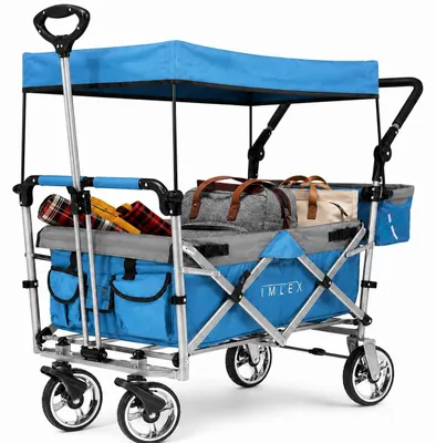 Produktbild von IMLEX Bollerwagen faltbar mit Dach IM-4268 Blau | Hohe Stabilität, 1X 3-Punkt Gurtsystem | Handwagen klappbar mit Schiebegriff ideal für 2 Kinder