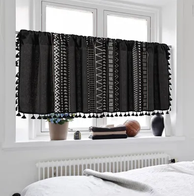Produktbild von Bistrogardine Boho Scheibengardinen,Quaste Küchengardinen Rutentasche Wohnzimmer 1 Stück Landhausstil Vorhang (Schwarz 150*45cm)