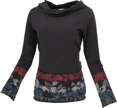 Produktbild von Kapuzenshirt, Boho Patchwork Shirt mit Schalkapuze, Biobaumwolle - Schwarz, Damen, Baumwolle(Bio), Größe: M