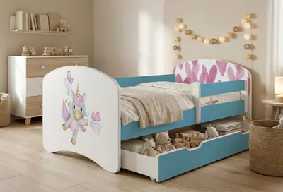 Obrázok produktu pre Detská postieľka Happy Babies s bočnicou proti vypadnutiu pre chlapcov, 140 x 70 cm, do detskej izby, so zásuvkou, matrac, jednolôžková detská postieľka, modrá, farebné nálepky