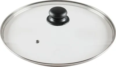 A glass lid for a pot or pan, viewed from above.