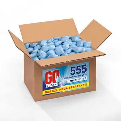 Produktbild von 10 kg ca. 555 Sück GO clean! 12-in-1 Spülmaschinentabs - Pouches 18g in wasserlöslicher Folie. Starke Reinigungskraft gegen Schmutz und Fett im Inneren der Spülmaschine.
