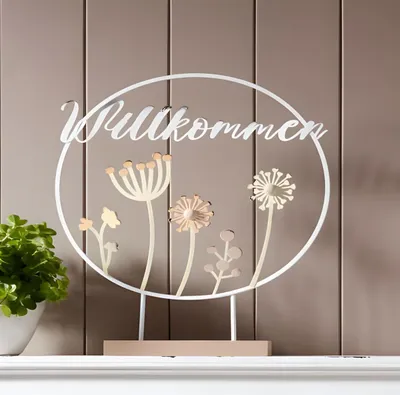 Image de Anneau décoratif "Bienvenue" en métal, blanc, anneau métallique avec inscription, couronne avec pied à poser, couronne décorative sur socle, debout