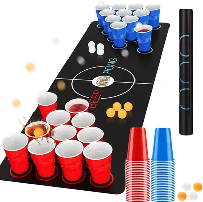 Image de Beer Pong - Jeux de boissons - 32 gobelets réutilisables pour le beer pong - 16 rouges + 16 bleus - 8 balles et 1 tapis de jeu - Réutilisable