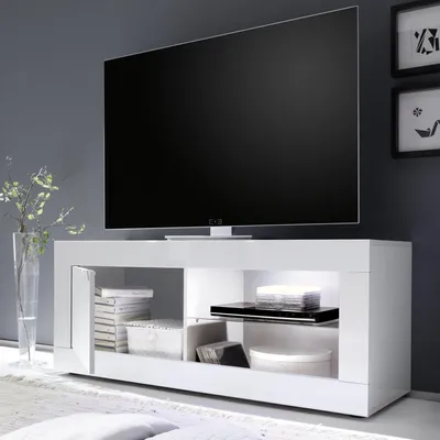 Immagine prodotto di Dmora Mobile Porta tv Gambara 140x43x56h cm Bianco Lucido, 2 Ripiani Apertura Maniglia