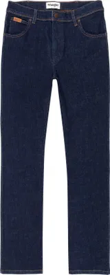 A pair of dark blue jeans laid flat against a white background.